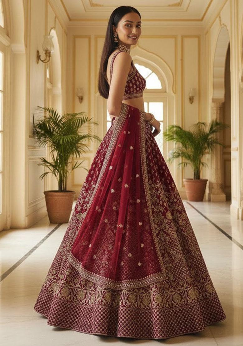 Maroon Embroidered Silk Lehenga Set - Indya