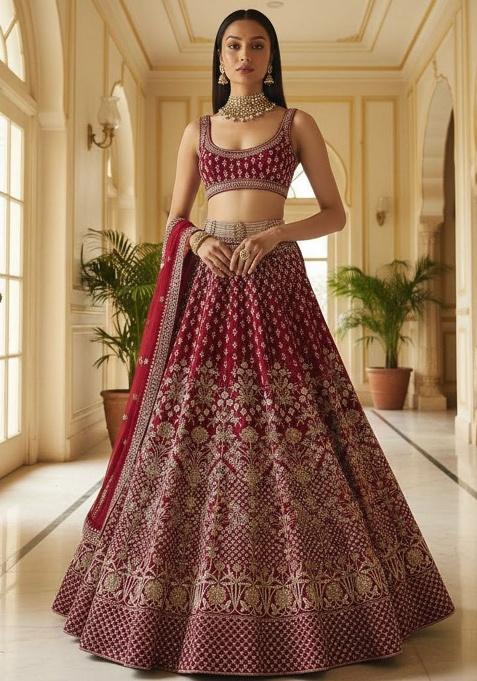 Maroon Embroidered Silk Lehenga Set