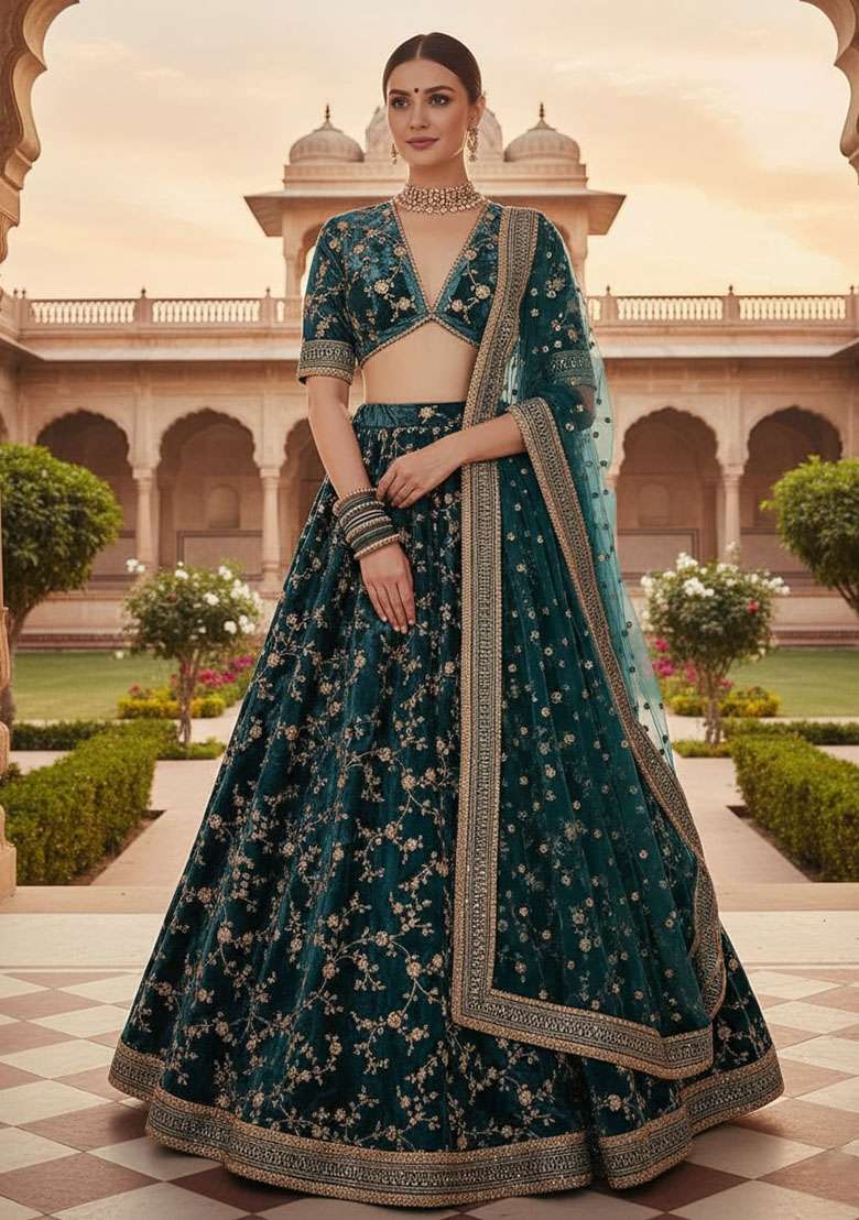 Bottle Green Velvet Lehenga Set with Embroidered for Diwali | Wedding & Festive Wear - Indya