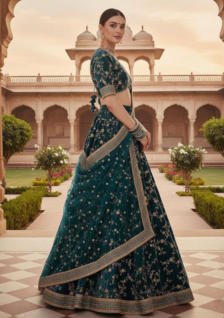 Bottle Green Embroidered Velvet Lehenga Set - Indya