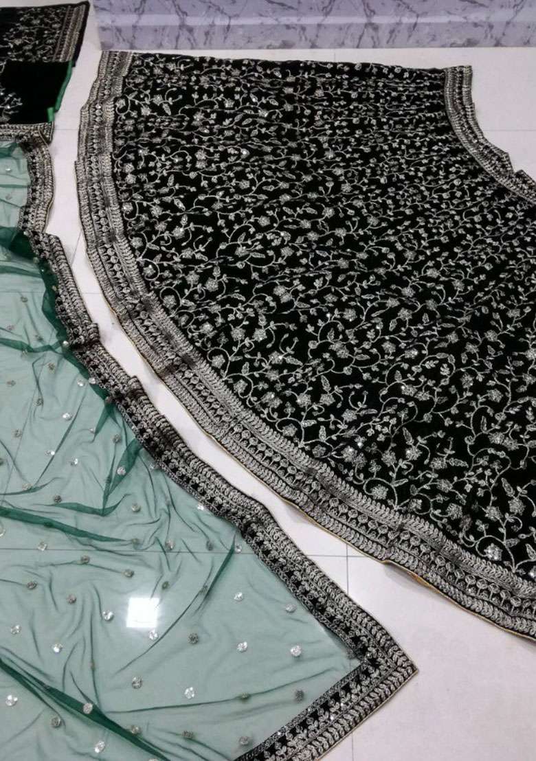 Bottle Green Velvet Lehenga Set with Embroidered for Diwali | Wedding & Festive Wear - Indya