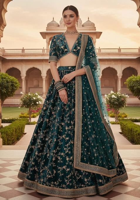Bottle Green Embroidered Velvet Lehenga Set