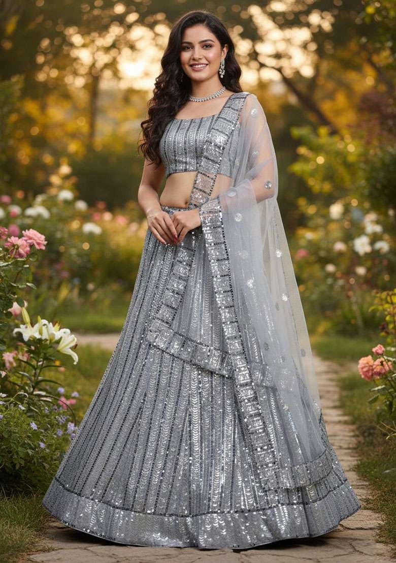 Grey Georgette Lehenga Set with Embroidered for Diwali | Wedding & Festive Wear - Indya