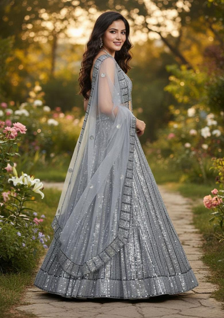 Grey Embroidered Georgette Lehenga Set - Indya