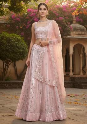 Light Pink Embroidered Georgette Lehenga Set