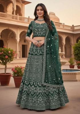 Green Embroidered Georgette Lehenga Set