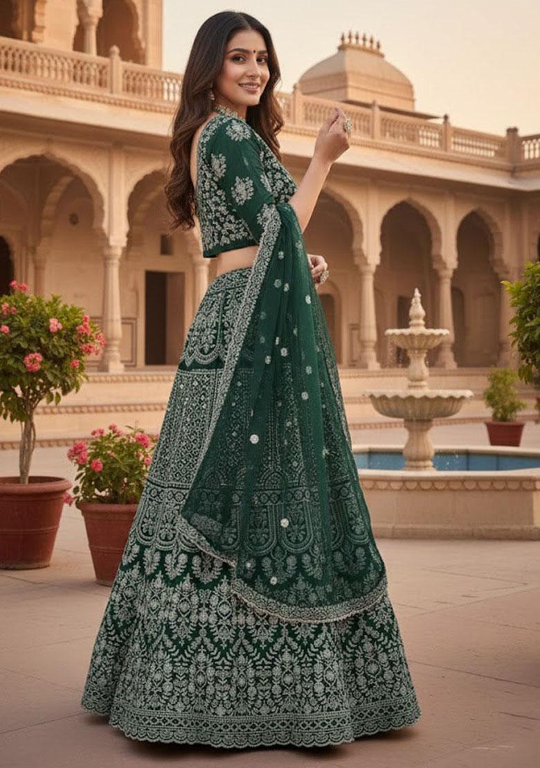 Green Embroidered Georgette Lehenga Set - Indya