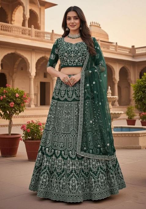 Green Embroidered Georgette Lehenga Set