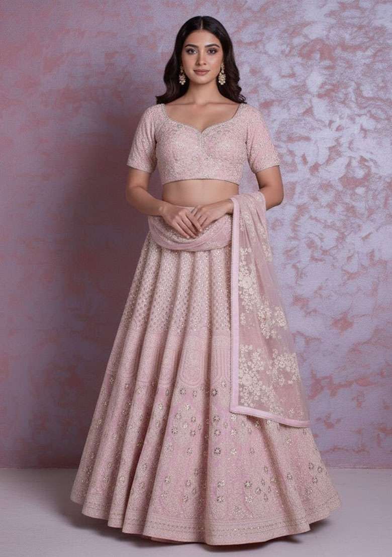 Baby Pink Georgette Lehenga Set with Embroidered for Diwali | Wedding & Festive Wear - Indya