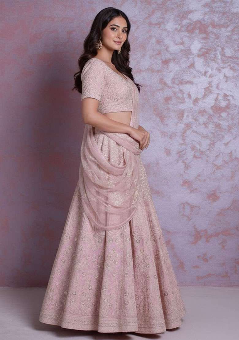 Baby Pink Georgette Lehenga Set with Embroidered for Diwali | Wedding & Festive Wear - Indya