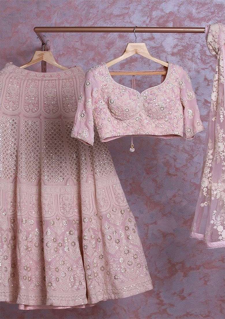 Baby Pink Georgette Lehenga Set with Embroidered for Diwali | Wedding & Festive Wear - Indya