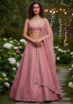 Pink Embroidered Silk Lehenga Set