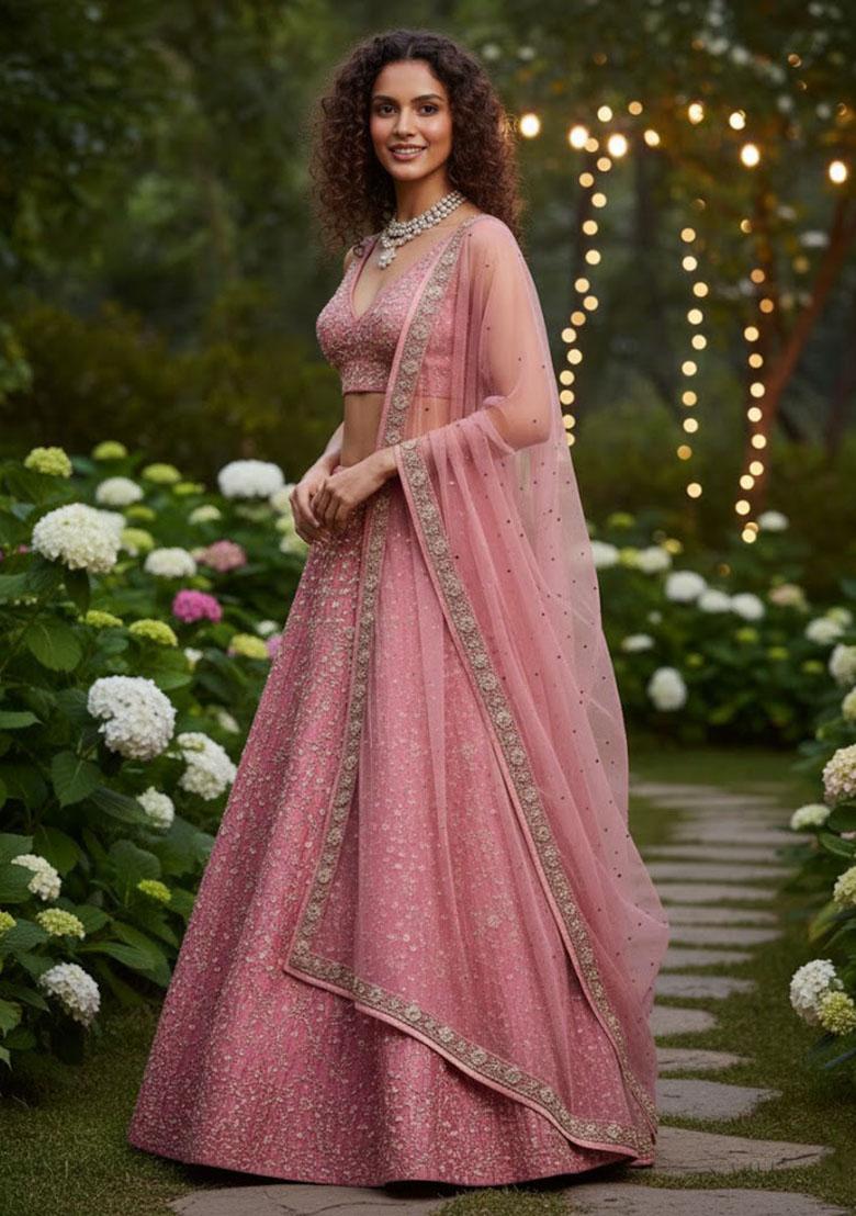 Pink Embroidered Silk Lehenga Set - Indya