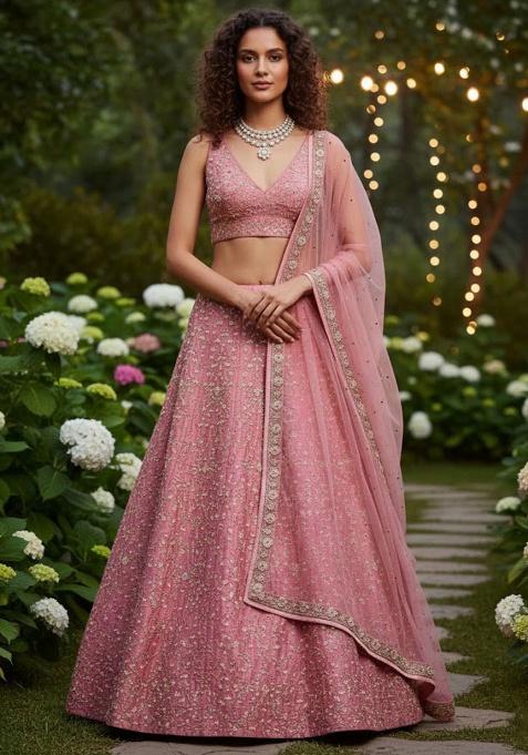 Pink Embroidered Silk Lehenga Set