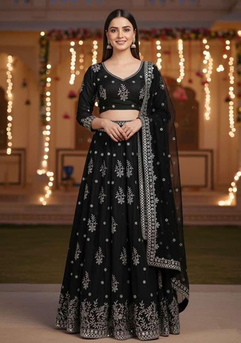 Black Embroidered Silk Blend Lehenga Set for Diwali and Festive Wear - Indya