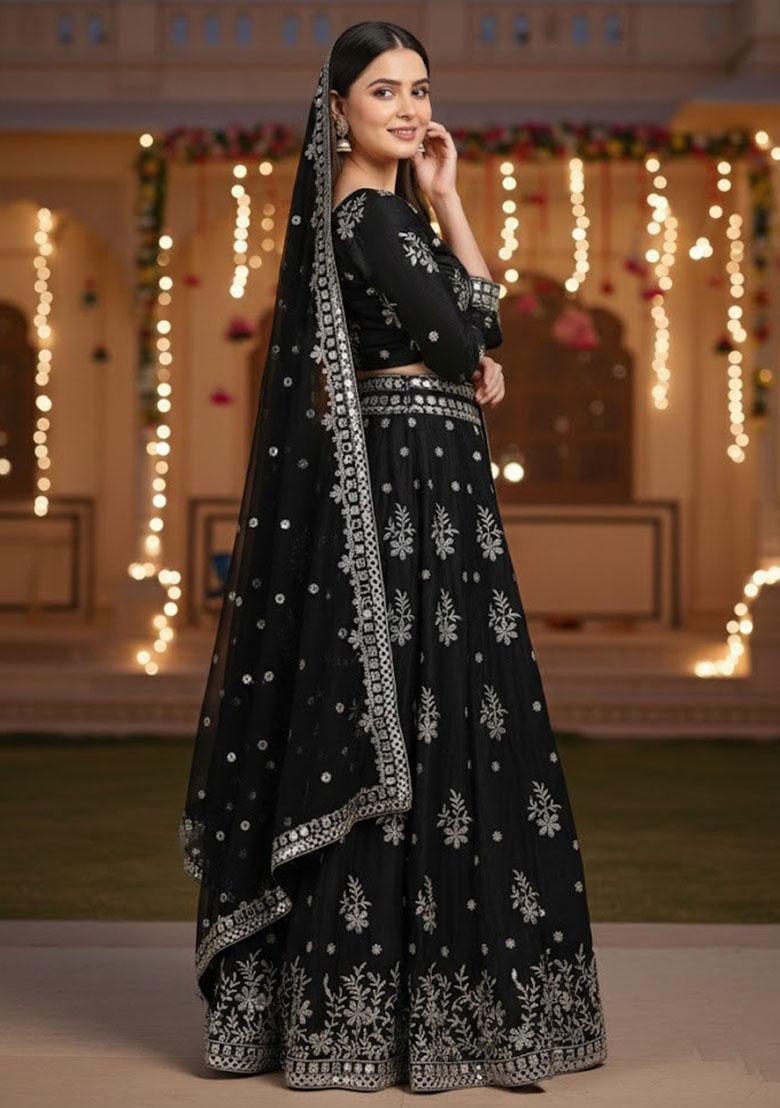 Black Embroidered Silk Lehenga Set - Indya