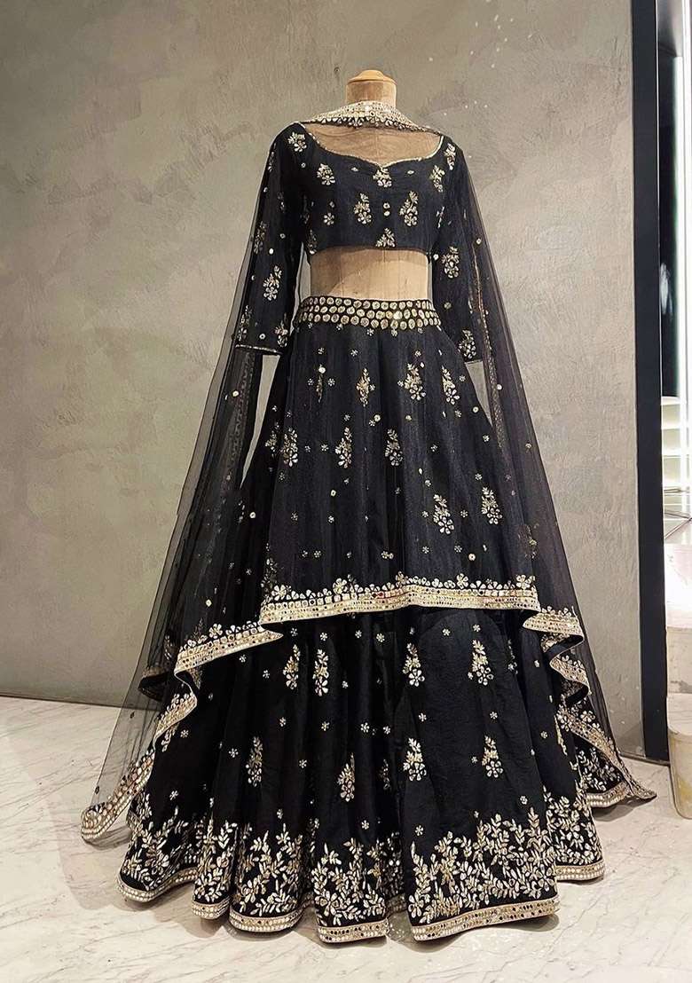 Black Embroidered Silk Blend Lehenga Set for Diwali and Festive Wear - Indya