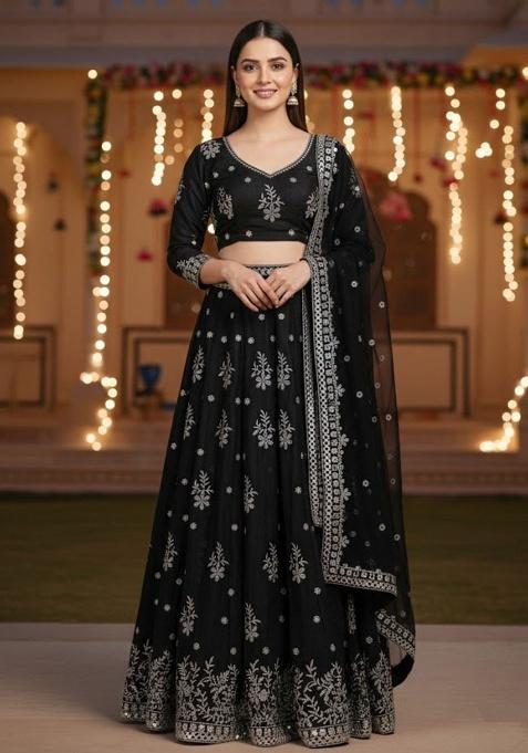 Black Embroidered Silk Lehenga Set