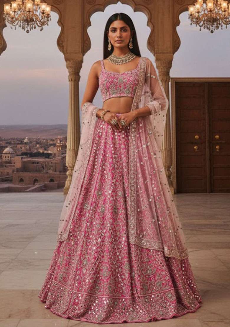 Pink Silk Blend Lehenga Set with Embroidered for Diwali | Wedding & Festive Wear - Indya