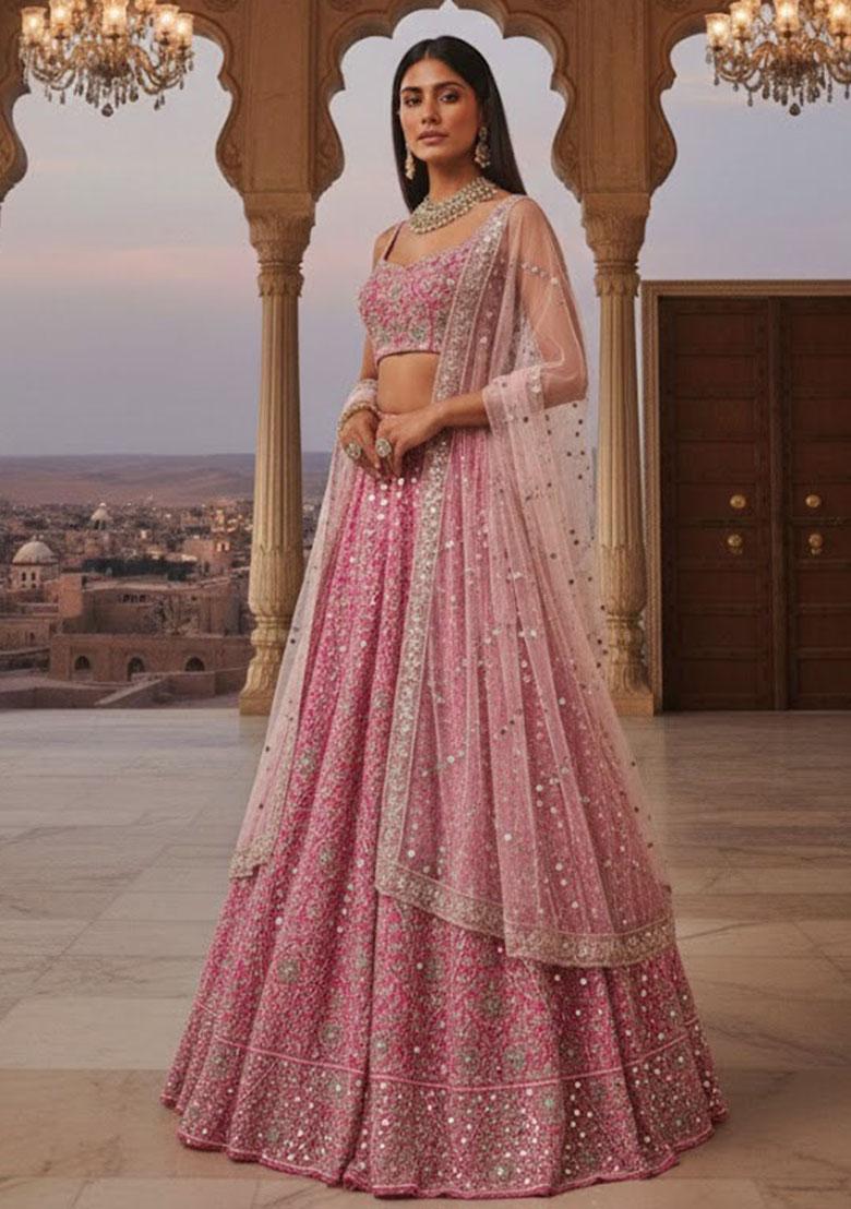 Pink Embroidered Silk Lehenga Set - Indya