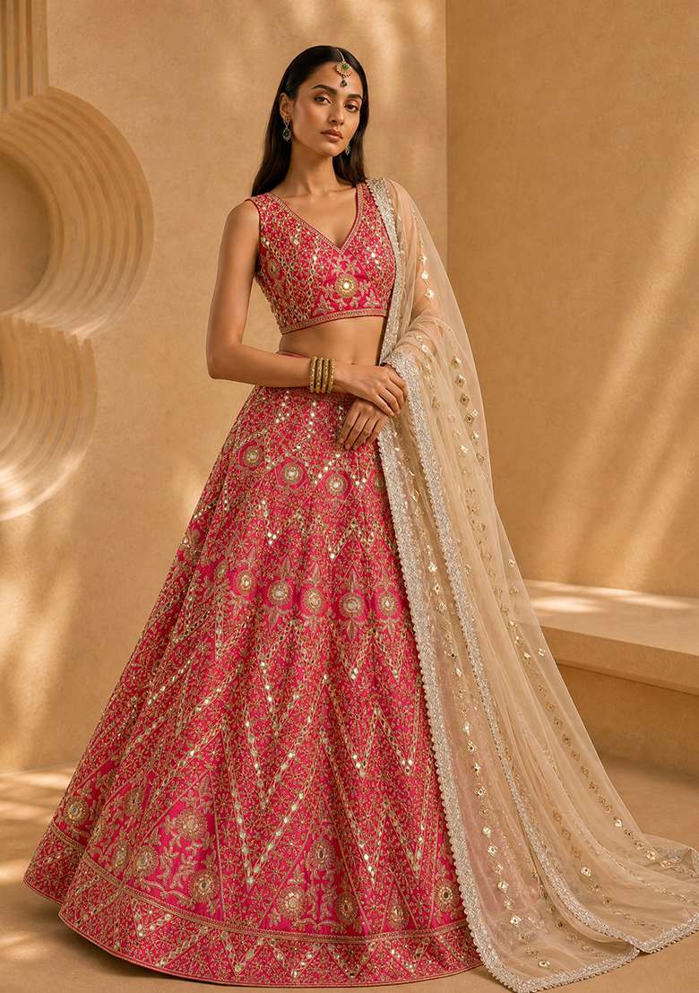 Pink Silk Blend Lehenga Set with Embroidered for Diwali | Wedding & Festive Wear - Indya