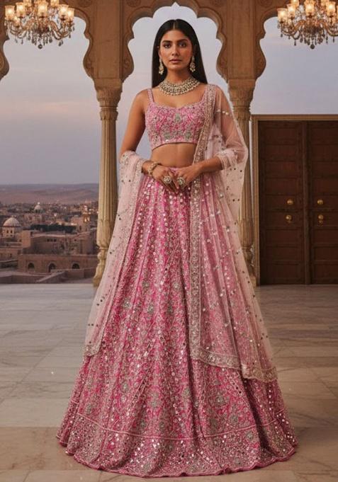 Pink Embroidered Silk Lehenga Set