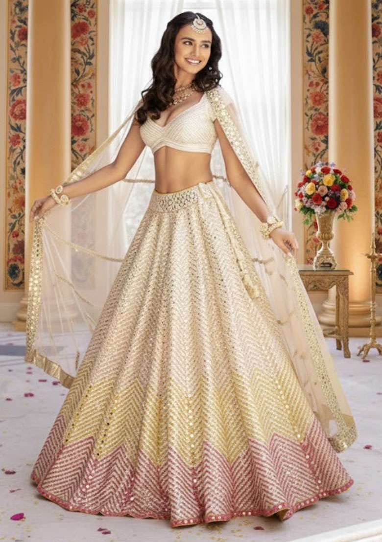 Cream Georgette Lehenga Set with Embroidered for Diwali | Wedding & Festive Wear - Indya