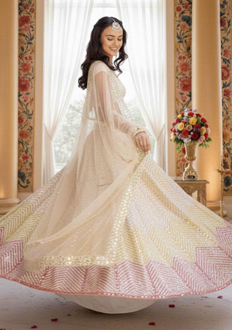 Cream Embroidered Georgette Lehenga Set - Indya