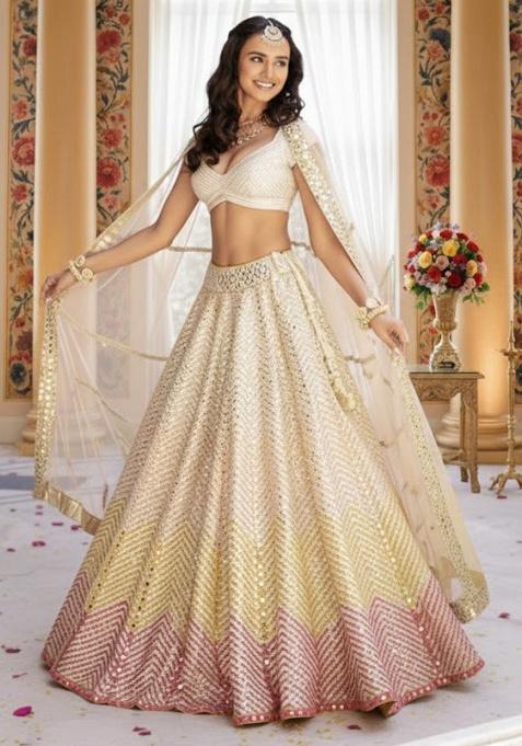 Cream Embroidered Georgette Lehenga Set