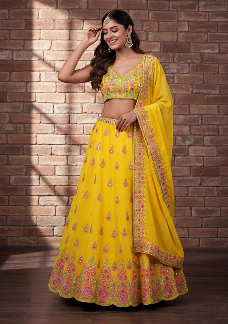Yellow Embroidered Georgette Lehenga Set - Indya