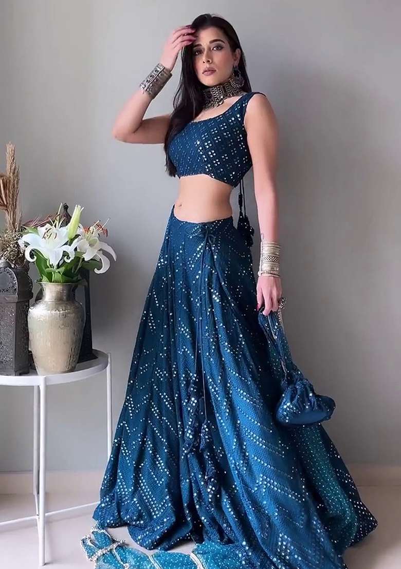 Blue Embroidered Georgette Lehenga Set for Diwali and Festive Wear - Indya