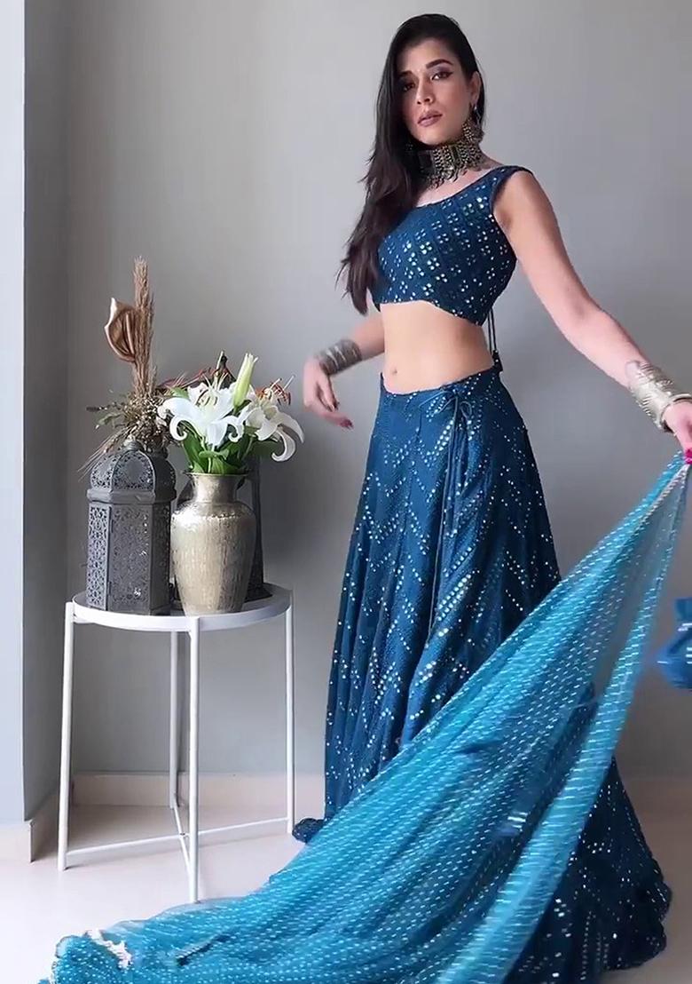 Blue Embroidered Georgette Lehenga Set - Indya