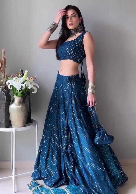 Blue Embroidered Georgette Lehenga Set