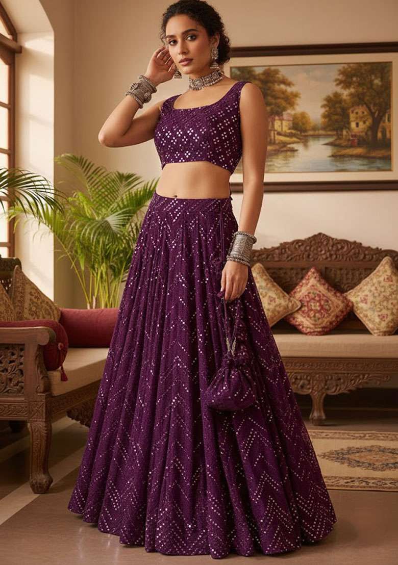Wine Georgette Lehenga Set with Embroidered for Diwali | Wedding & Festive Wear - Indya