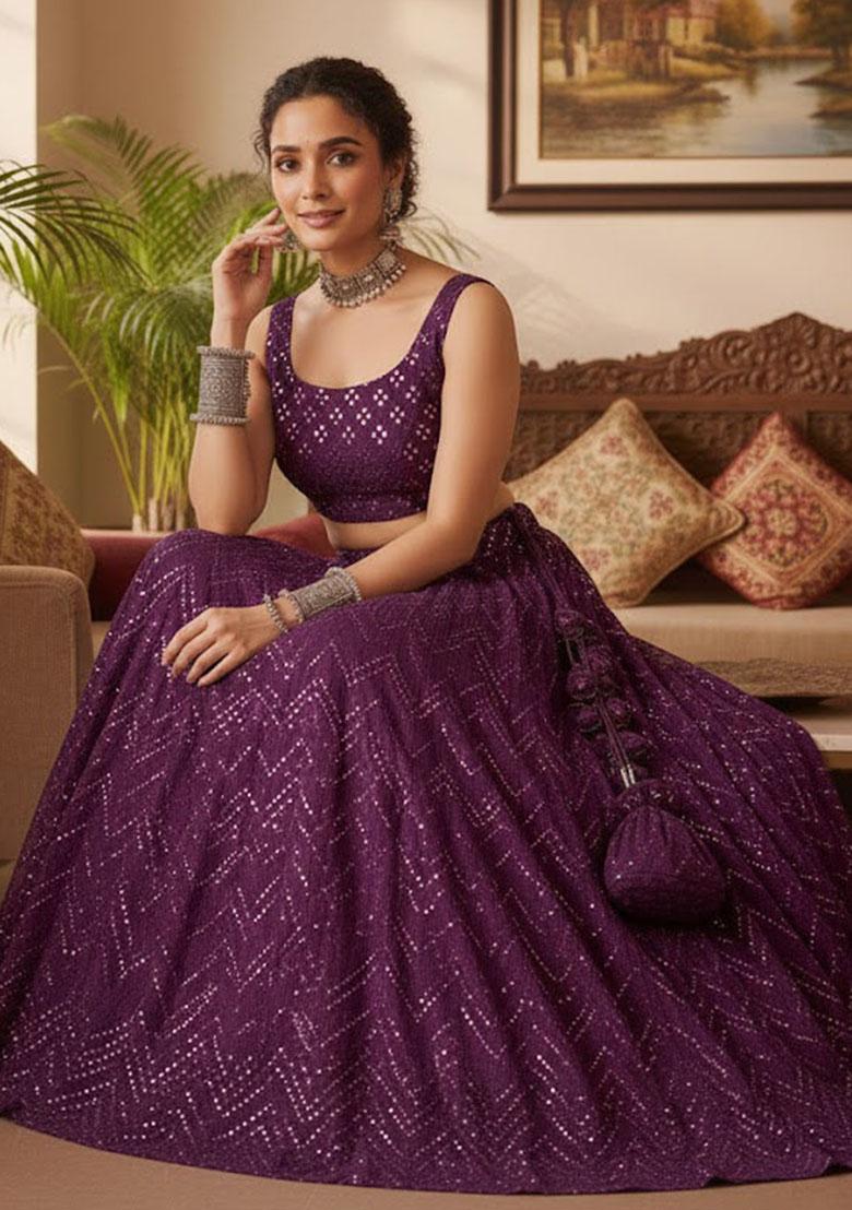 Wine Embroidered Georgette Lehenga Set - Indya