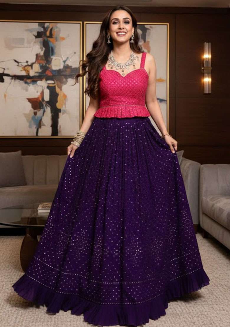Purple Embroidered Georgette Lehenga Set for Diwali and Festive Wear - Indya