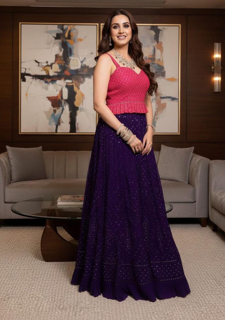 Purple Embroidered Georgette Lehenga Set - Indya