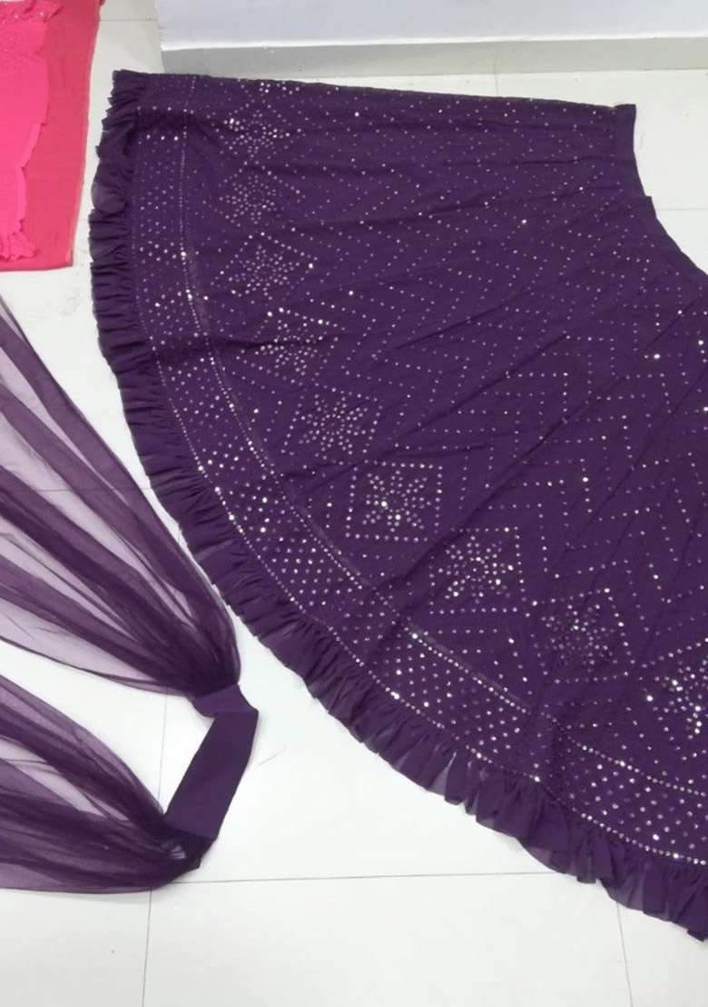 Purple Embroidered Georgette Lehenga Set for Diwali and Festive Wear - Indya