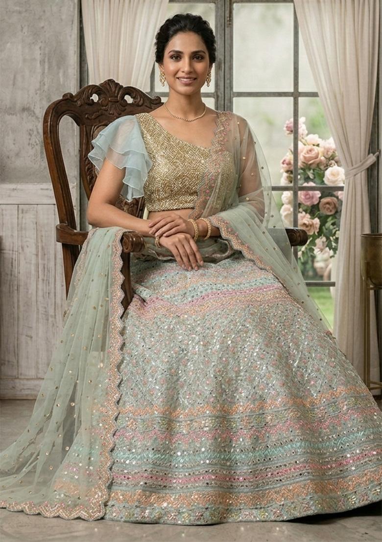 Sea Green Embroidered Cotton Lehenga Set - Indya