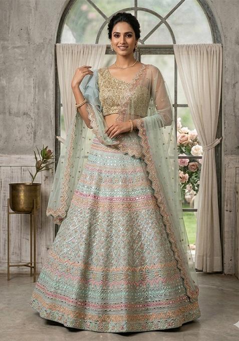 Sea Green Embroidered Cotton Lehenga Set