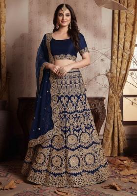 Blue Embroidered Silk Lehenga Set