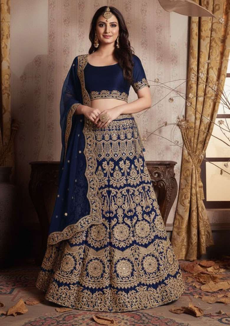 Blue Embroidered Silk Blend Lehenga Set for Diwali and Festive Wear - Indya