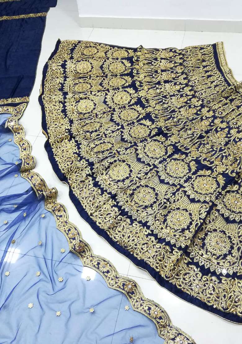 Blue Embroidered Silk Blend Lehenga Set for Diwali and Festive Wear - Indya