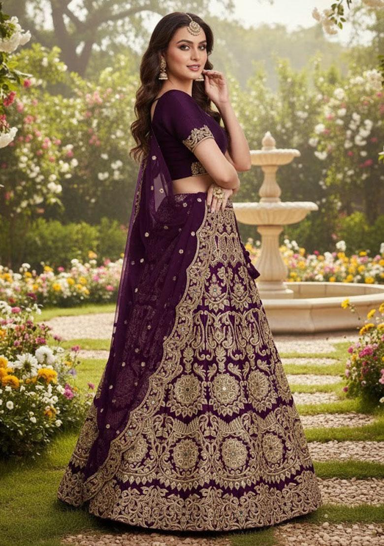 Wine Embroidered Silk Lehenga Set - Indya