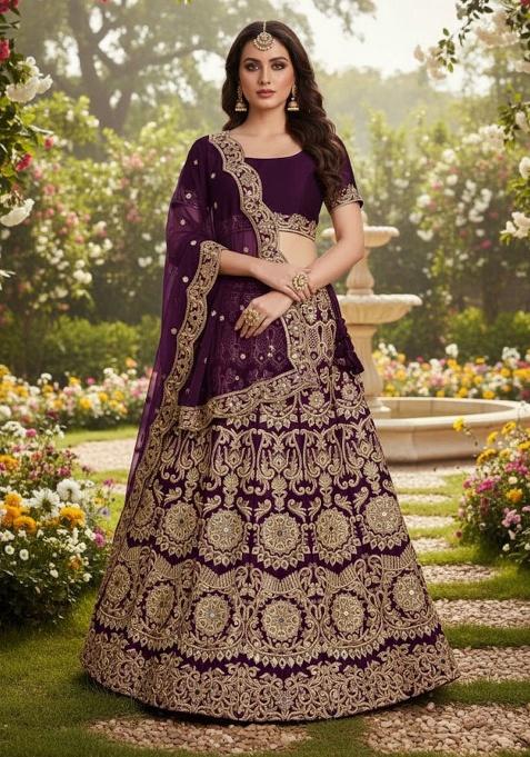 Wine Embroidered Silk Lehenga Set