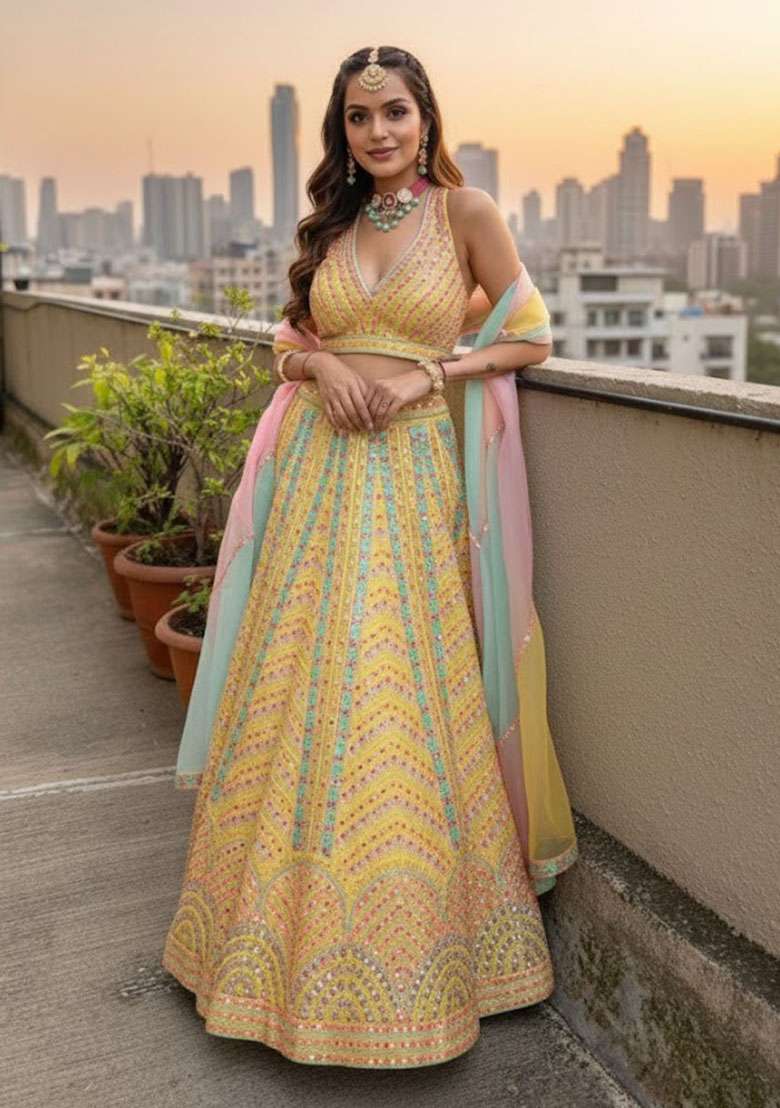 Yellow Embroidered Silk Lehenga Set - Indya