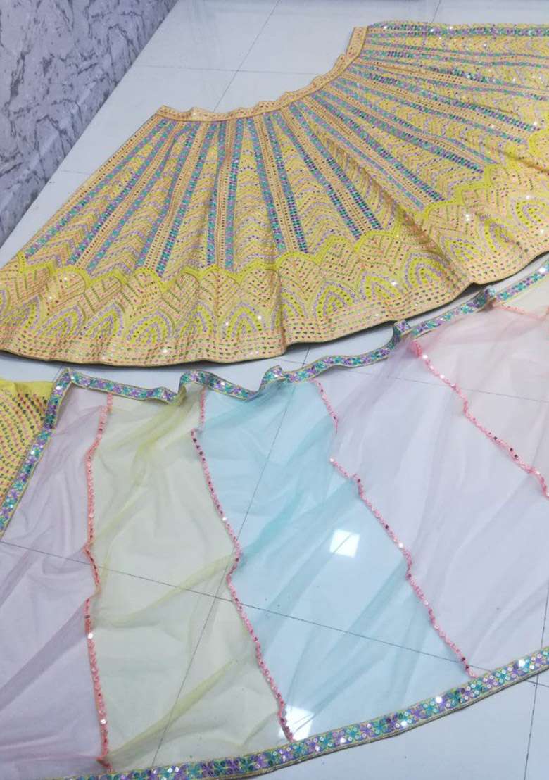 Yellow Embroidered Silk Lehenga Set - Indya