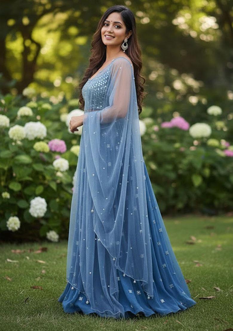 Blue Embroidered Georgette Lehenga Set - Indya