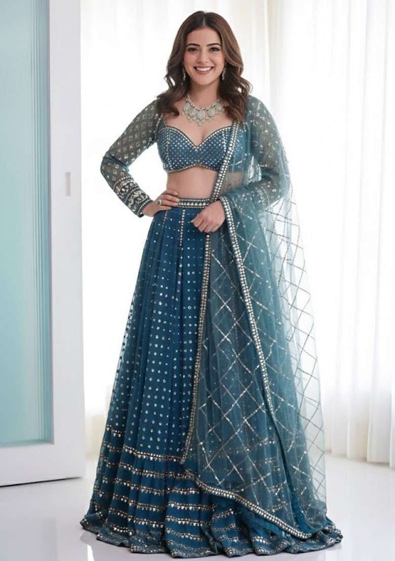 Blue Georgette Lehenga Set with Embroidered for Diwali | Wedding & Festive Wear - Indya