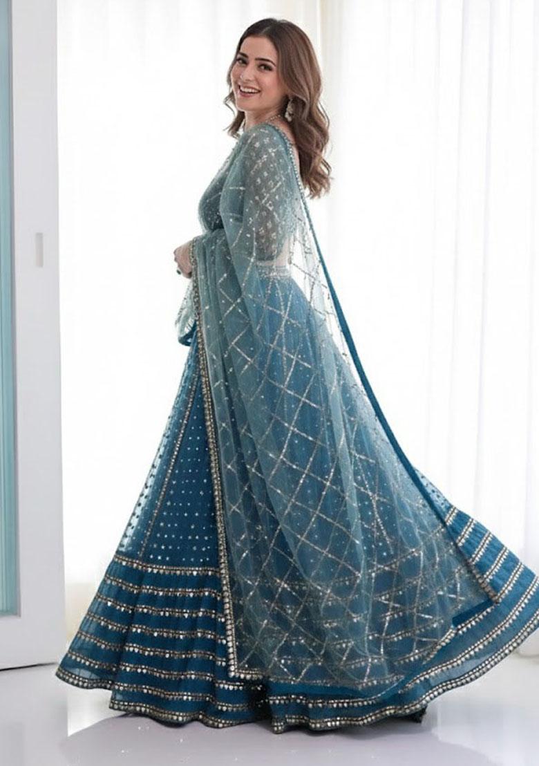 Blue Embroidered Georgette Lehenga Set - Indya